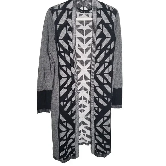 ZOZO woman Size L Long Cardigan Linen Viscose blend Geometric print Open Front - Picture 2 of 5